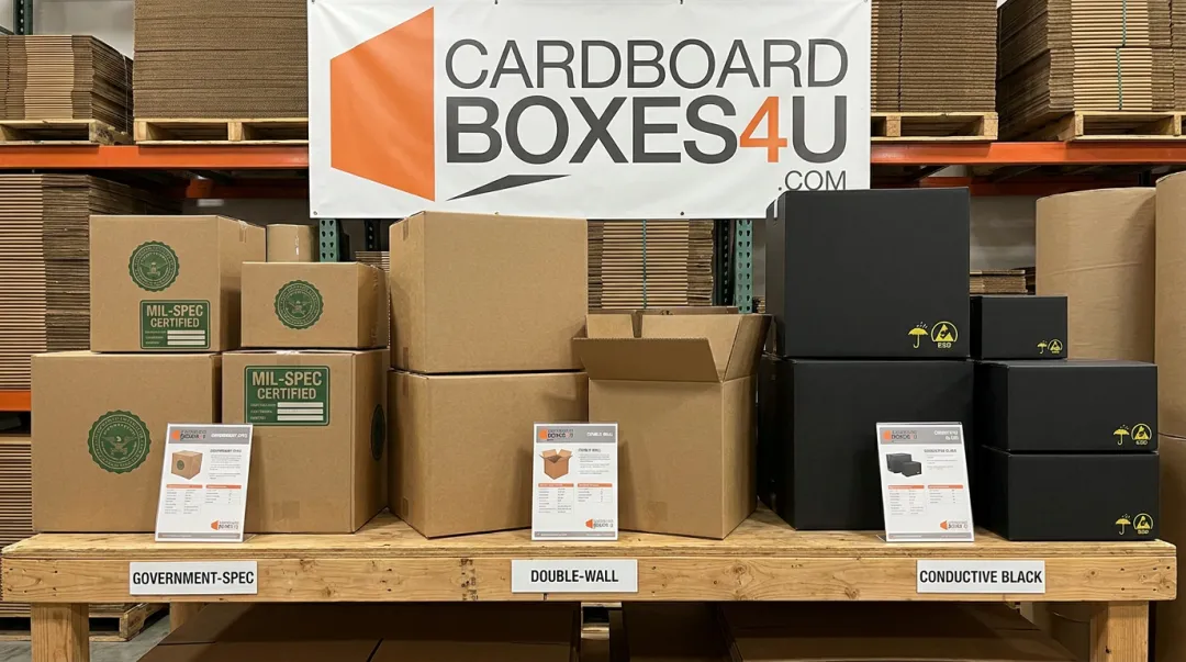 Cardboard Boxes 4 U specialty corrugated product line including government-spec and conductive boxes