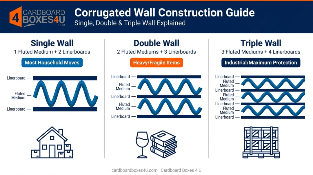 Single double and triple-wall corrugated box construction comparison infographic