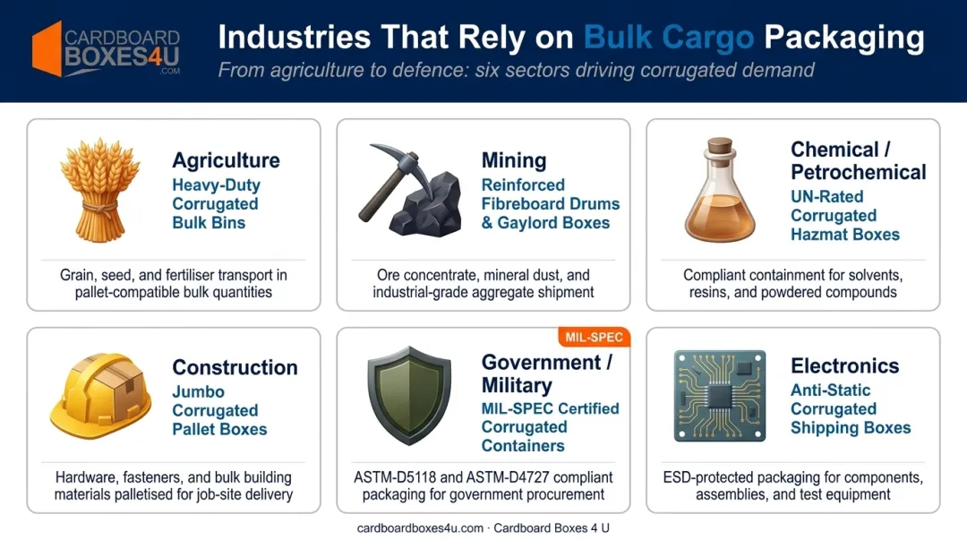 Six major industries using bulk cargo packaging with container types and key applications