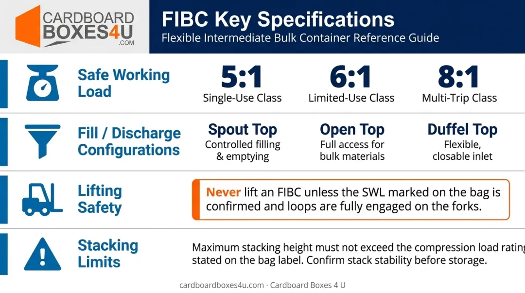 FIBC bulk bag safety specifications including SWL ratings and fill configuration types