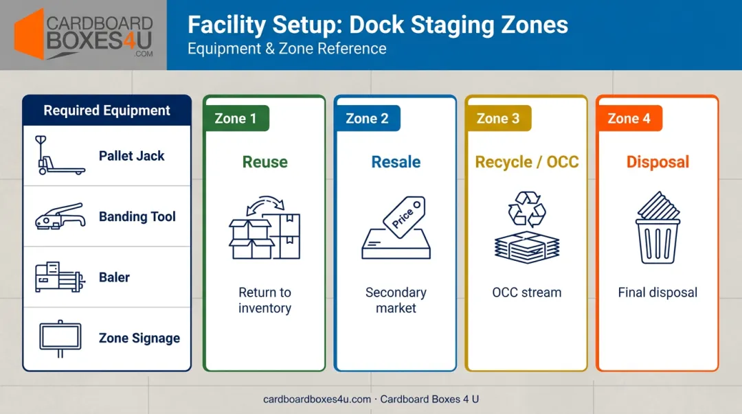 Four Gaylord box staging zone setup with equipment requirements for dock removal