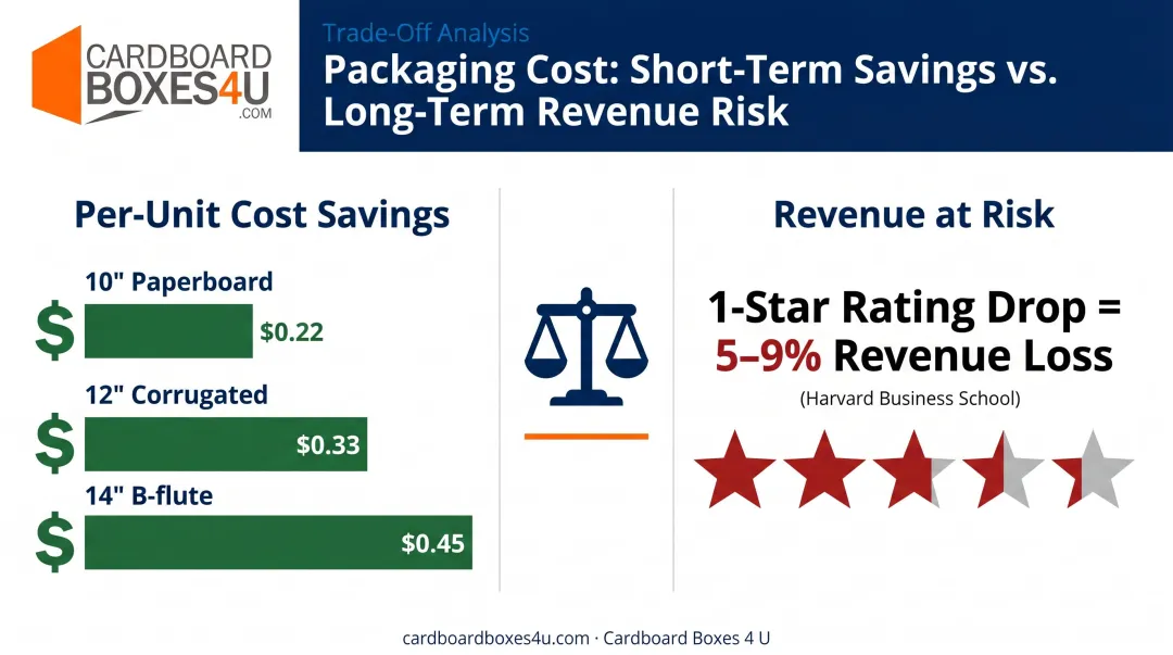 Pizza packaging cost versus customer review revenue impact comparison infographic