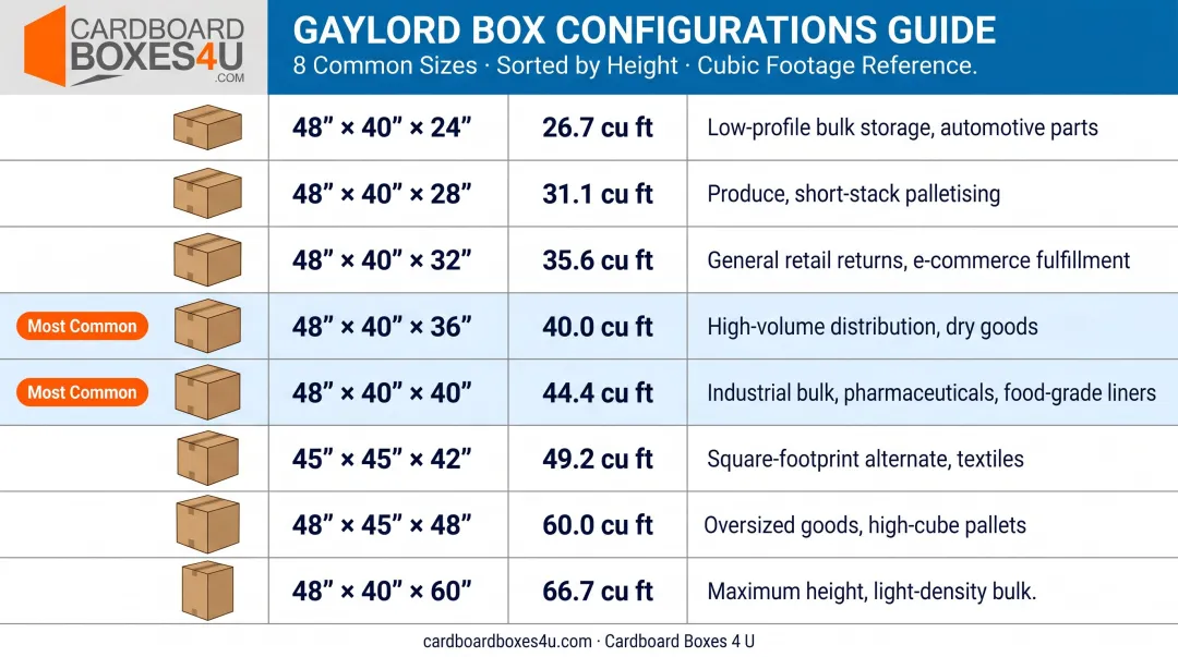 Gaylord box size comparison chart showing dimensions cubic footage and use cases
