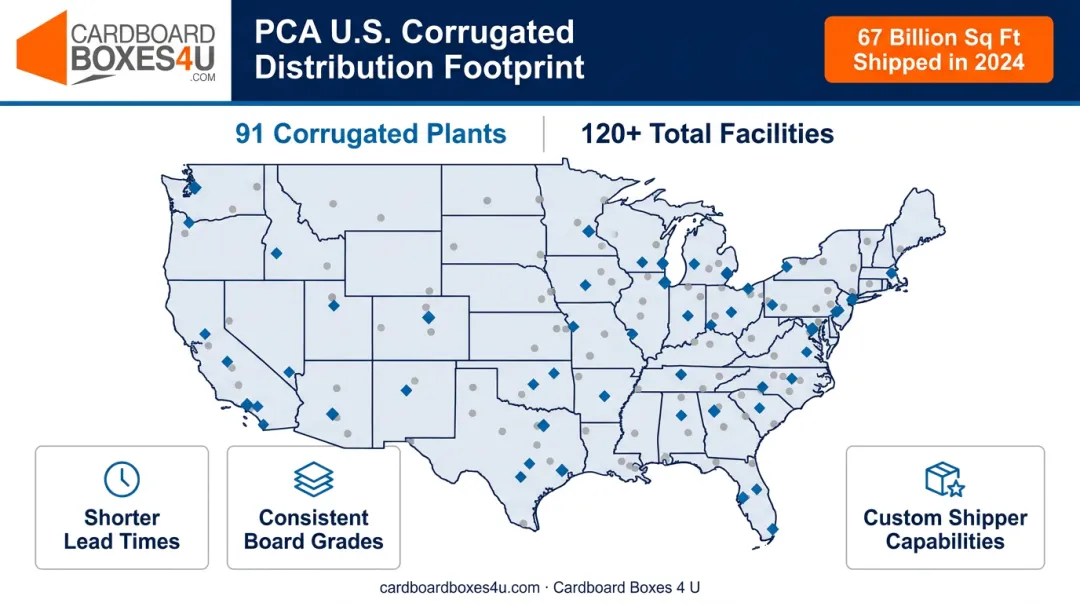 PCA corrugated regional distribution network map across United States facilities