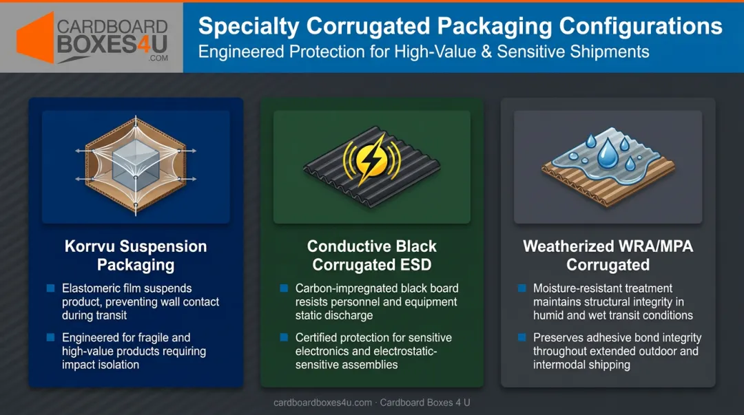 Three specialty corrugated packaging types Korrvu ESD weatherized protection comparison