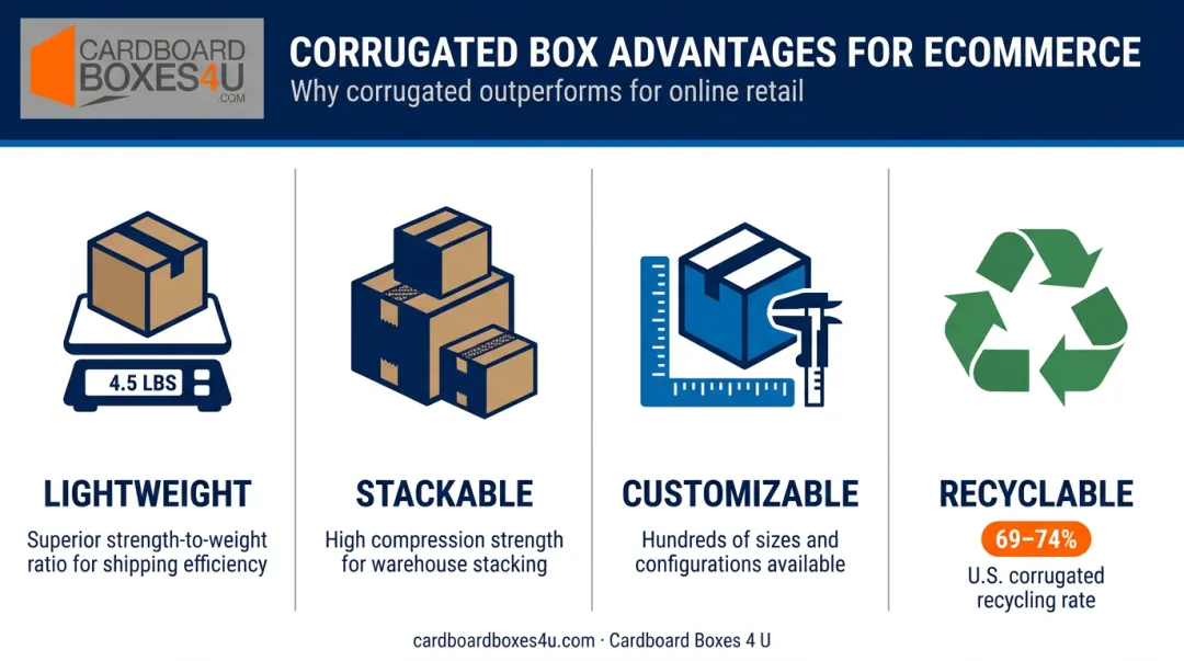 Four key corrugated box advantages for ecommerce shipping infographic