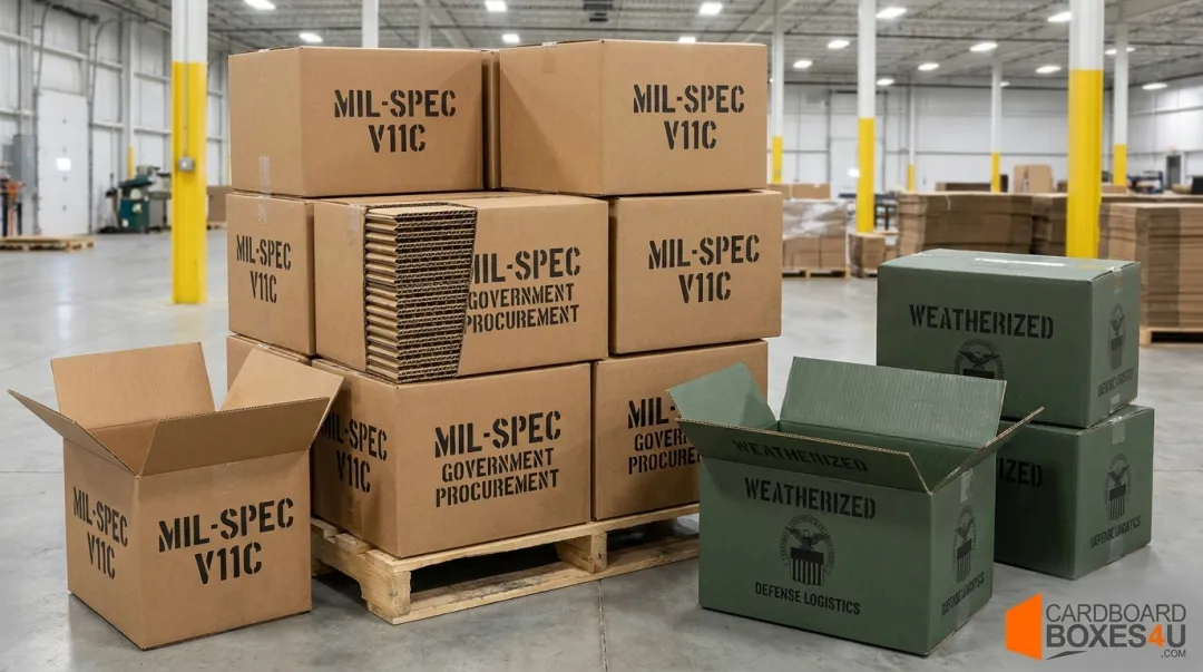 Specialty 5-ply corrugated boxes including MIL-SPEC and weatherized configurations for government procurement