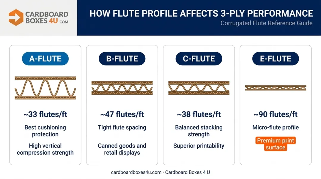 Four corrugated flute profile types A B C E comparison infographic