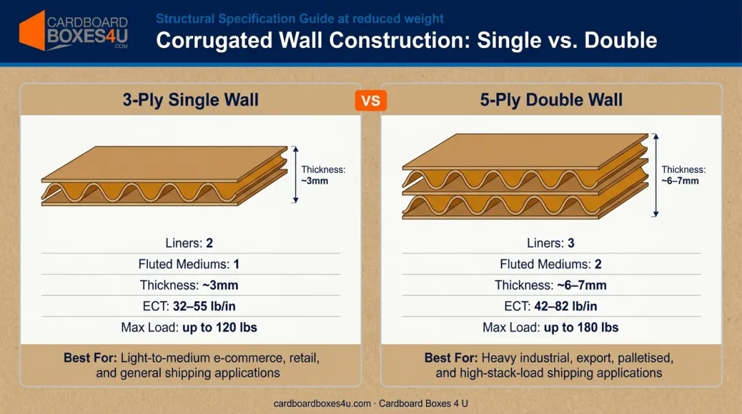 3-ply versus 5-ply corrugated box construction comparison chart with specs