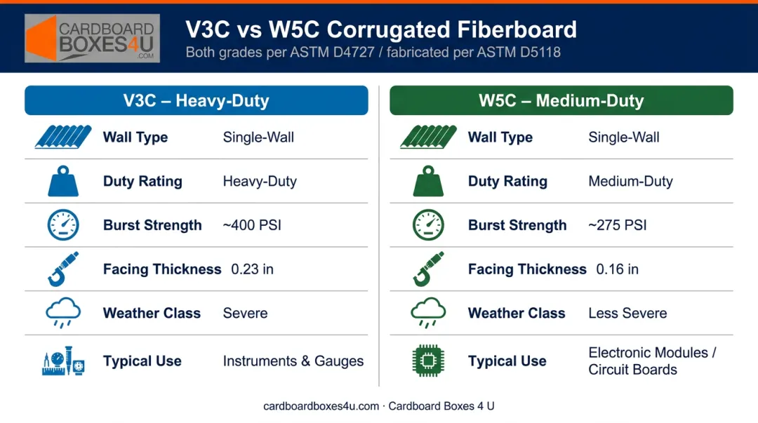 V3C versus W5C fiberboard grade comparison chart burst strength and duty rating