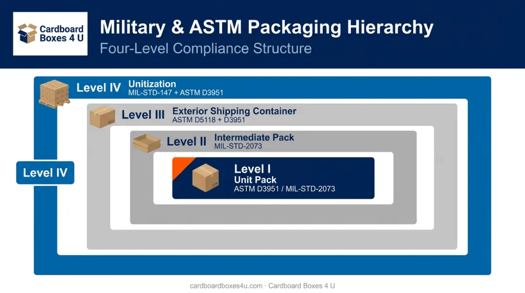 Four levels of commercial and military packaging hierarchy with governing standards