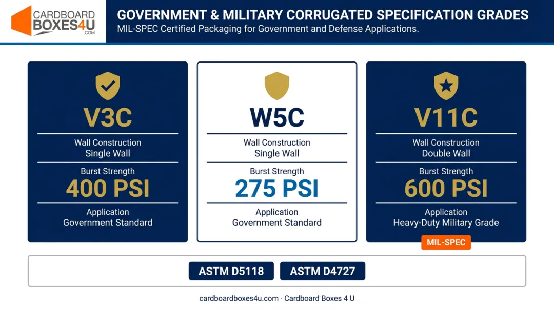 Government military corrugated spec grades V3C W5C V11C comparison infographic