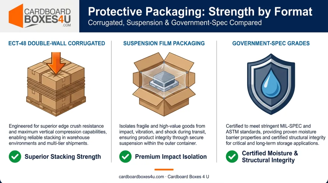 Three bulk packaging protection formats compared by damage prevention capability infographic