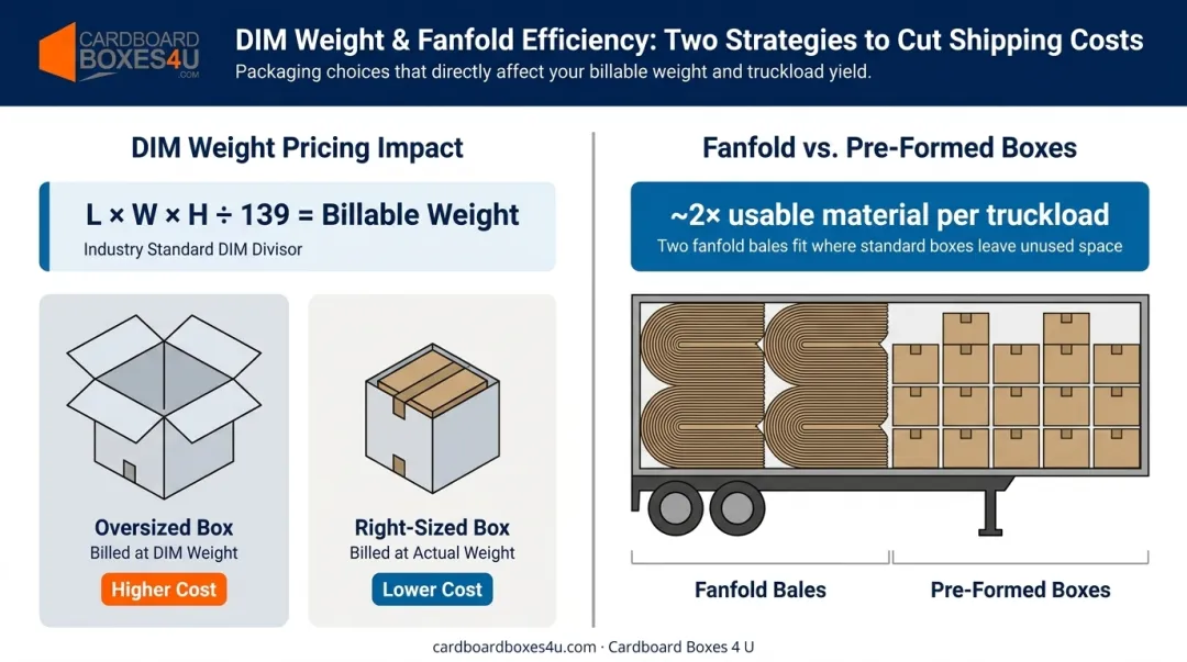 DIM weight pricing formula versus fanfold corrugated trailer space efficiency comparison infographic