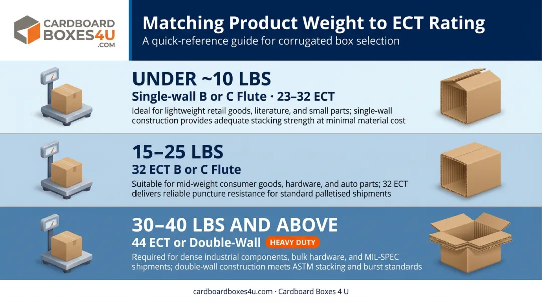 Product weight to ECT rating selection guide three-tier corrugated board infographic