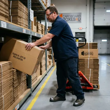 Worker selecting bulk corrugated packaging supplies