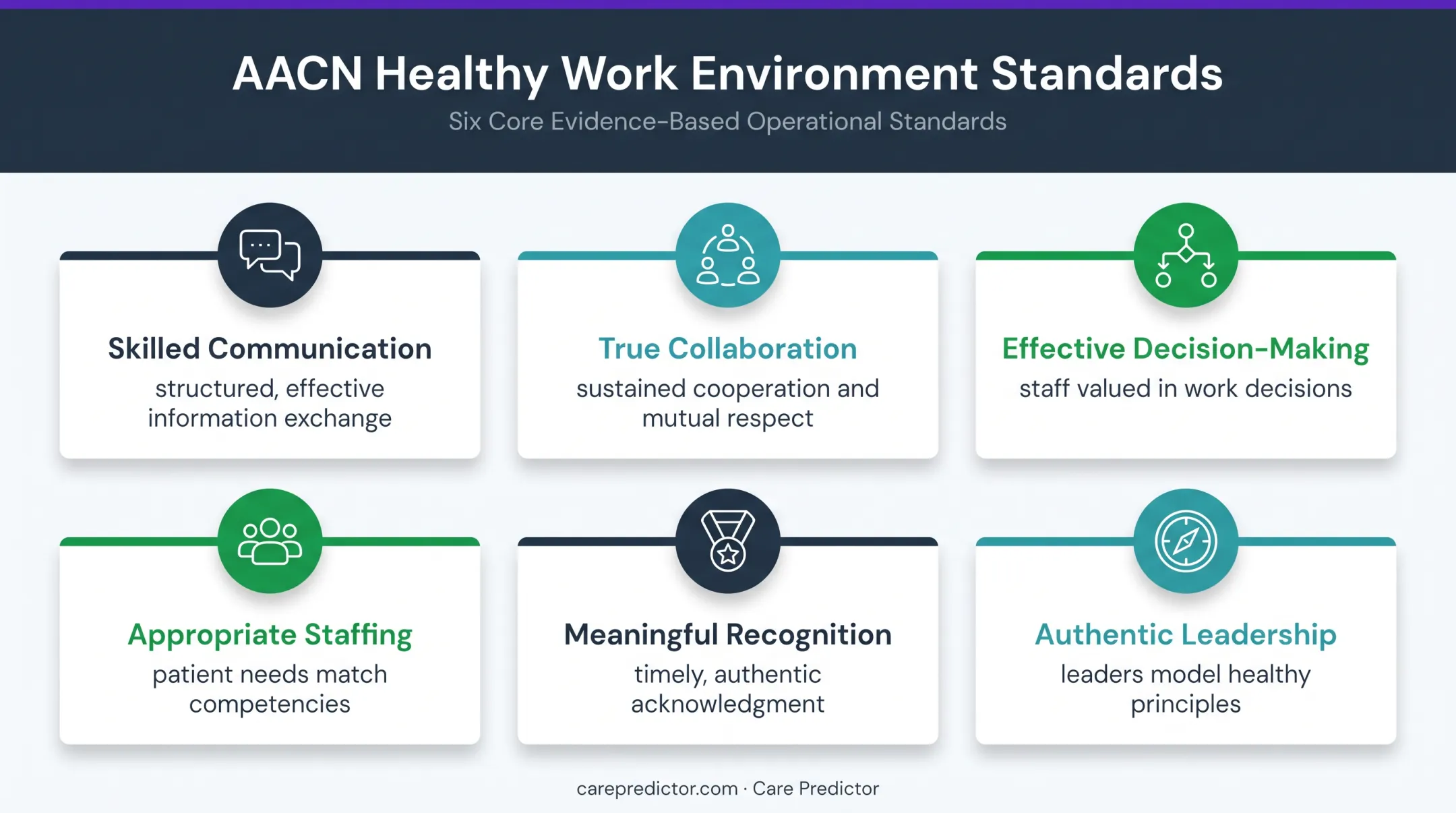 Six AACN healthy work environment standards framework infographic