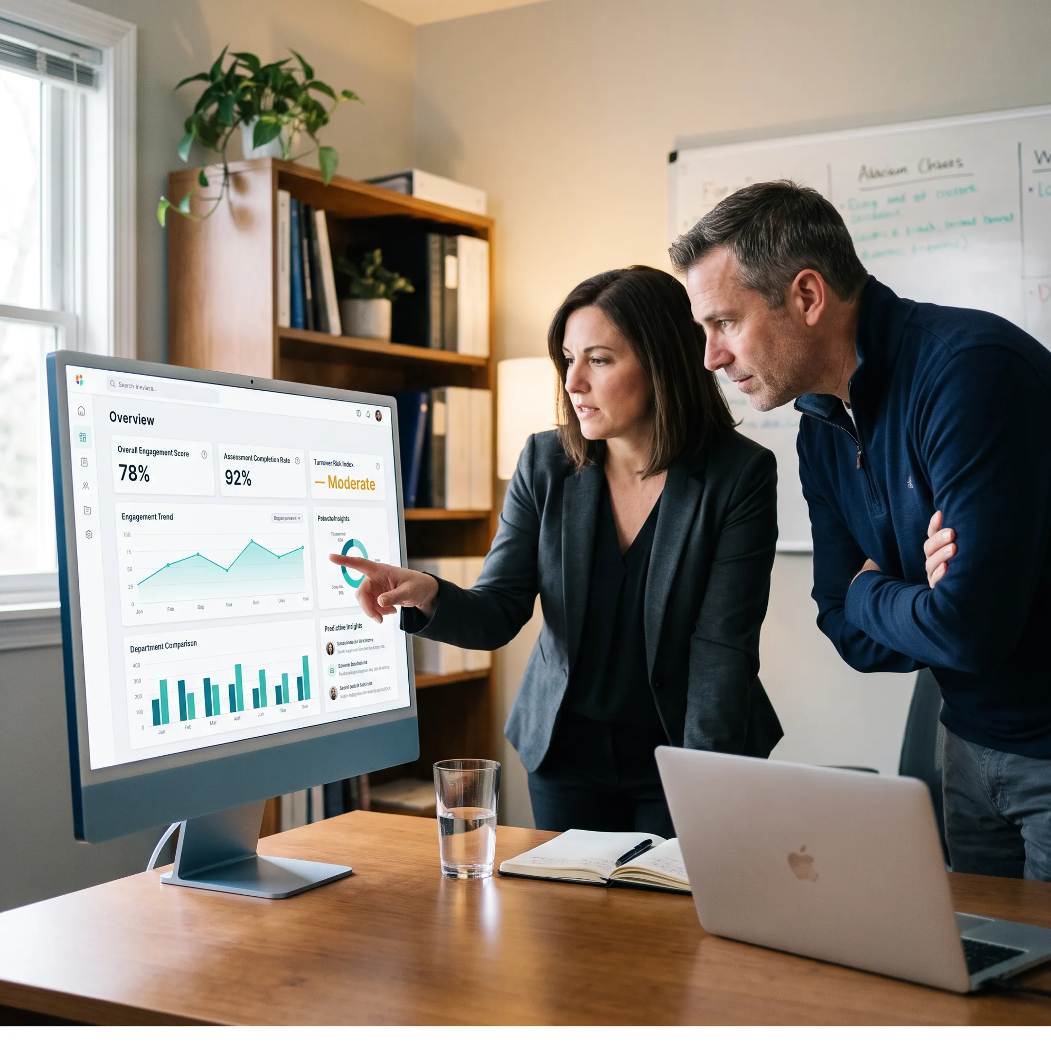 Healthcare leaders reviewing a behavioral health workforce analytics dashboard