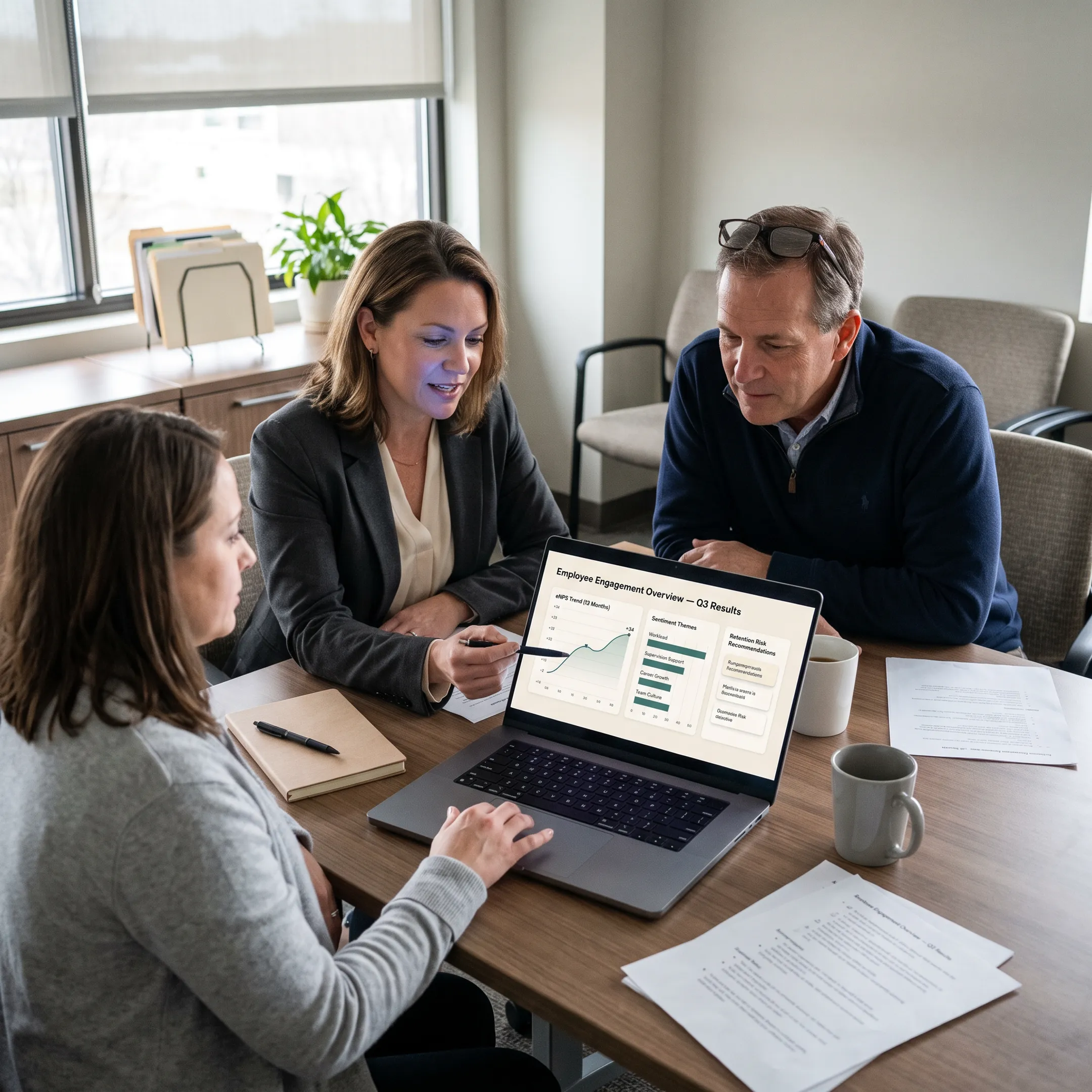Manager reviewing employee turnover survey insights on a workforce analytics dashboard