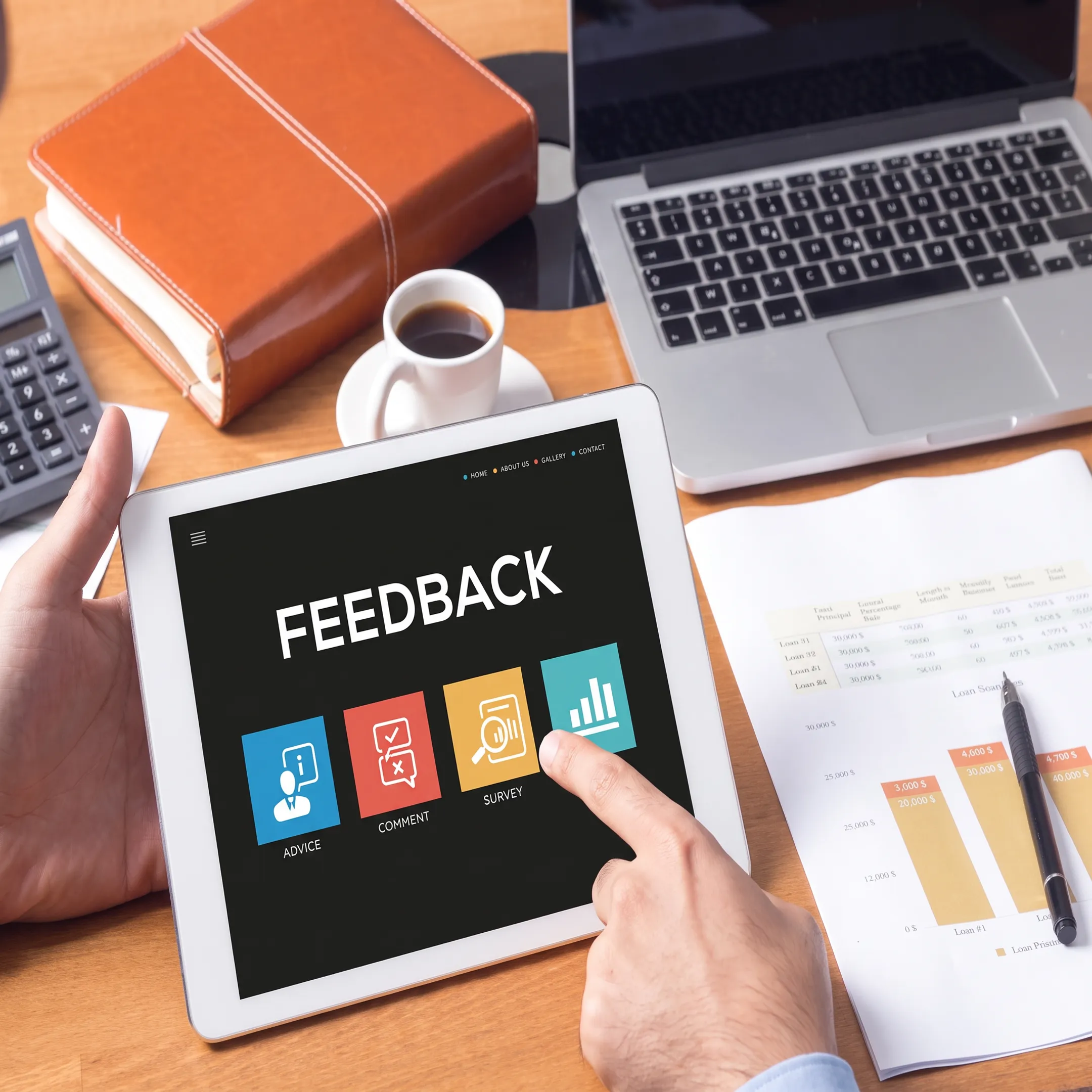 Manager reviewing supervisor survey feedback dashboard with behavioral health team insights