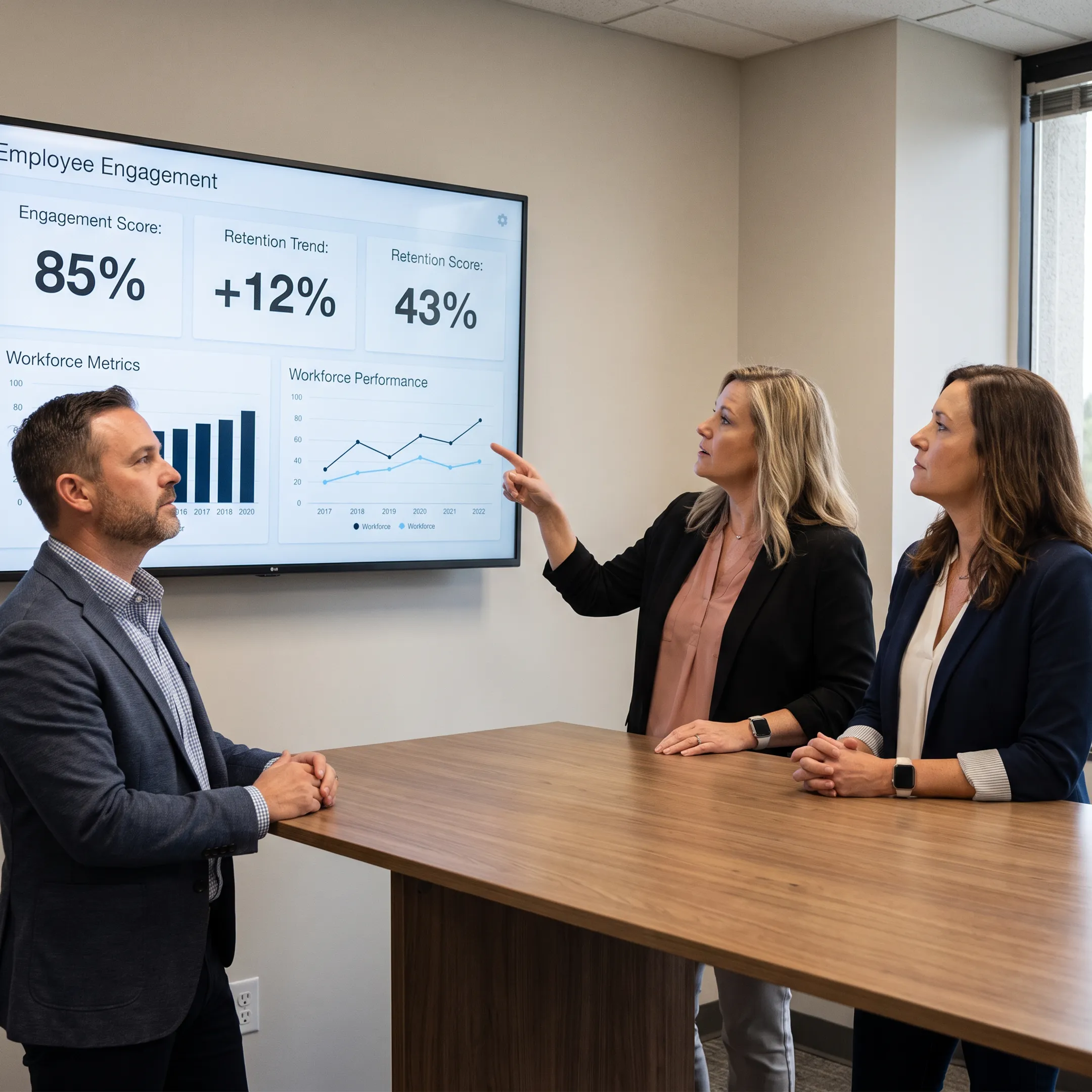 Healthcare managers reviewing workforce performance insights on software dashboard