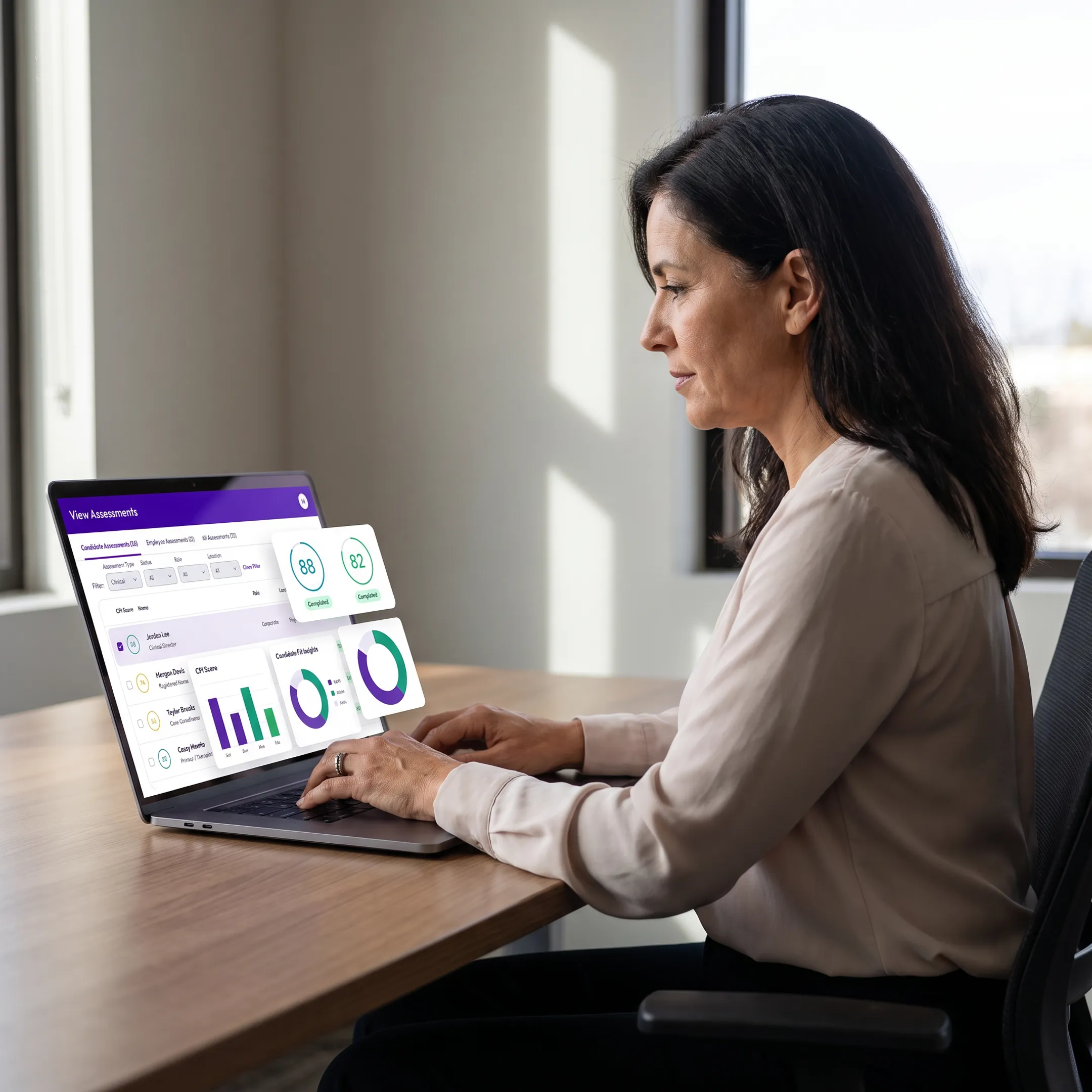 Hiring manager reviewing behavioral assessment insights for a care candidate