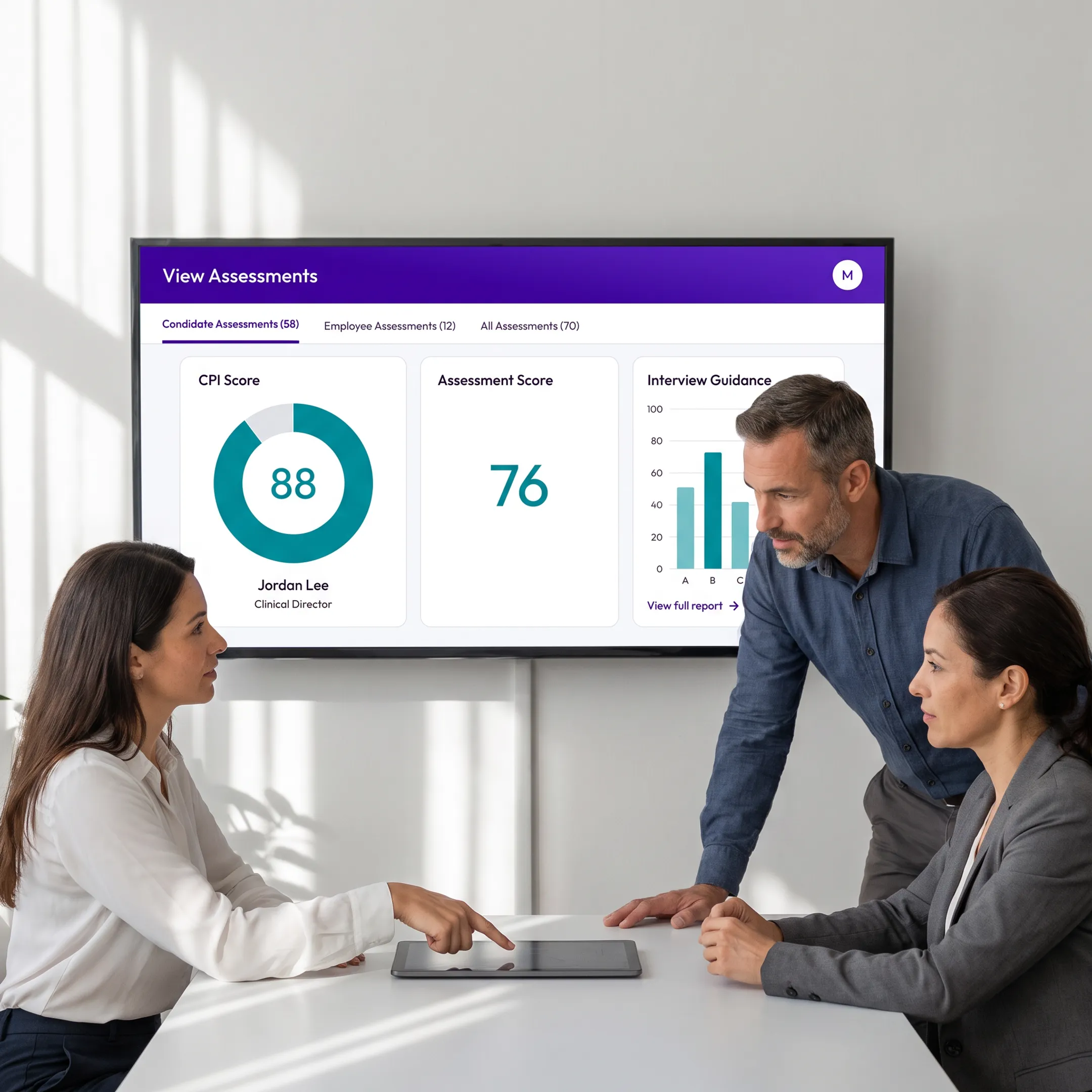 Behavioral science assessment interface showing candidate insights for a hiring team