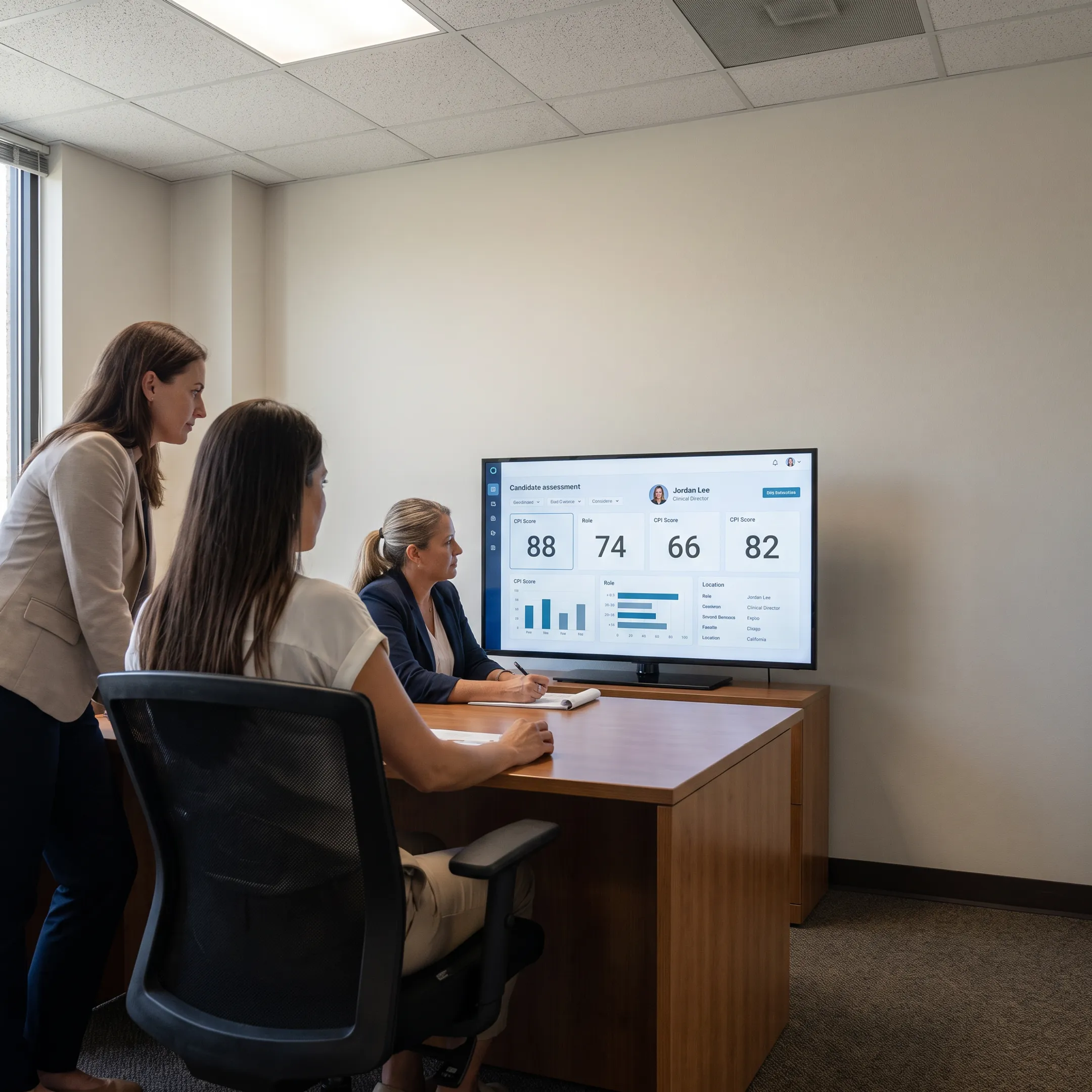 Healthcare hiring leaders reviewing applicant analytics on a workforce intelligence platform