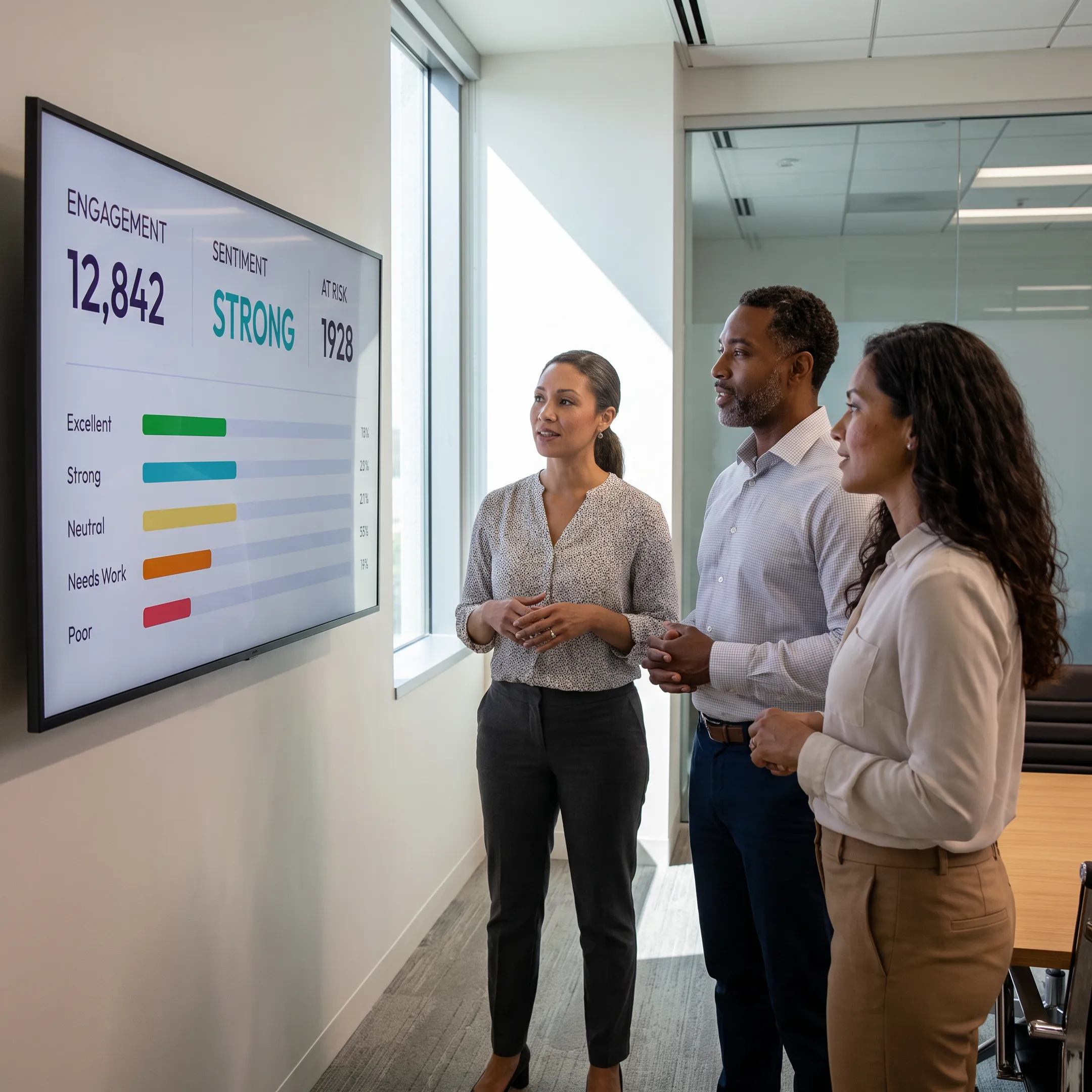 Care team reviewing employee engagement insights on a workforce analytics dashboard