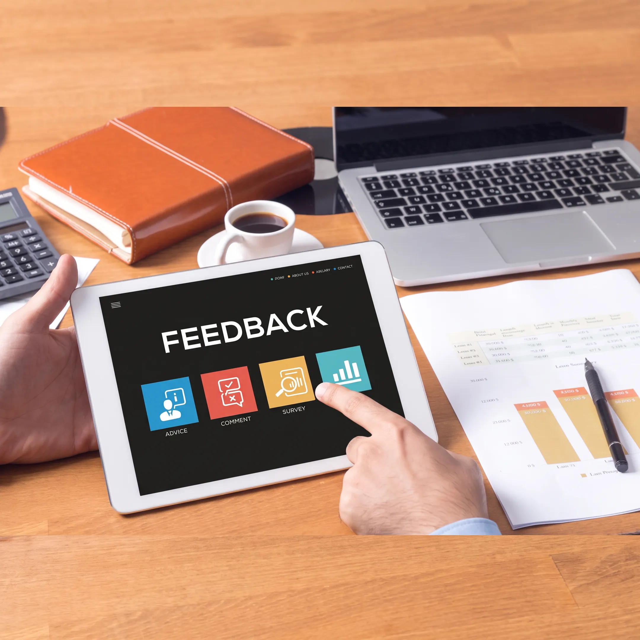 Manager reviewing employee engagement survey insights on a workplace analytics dashboard