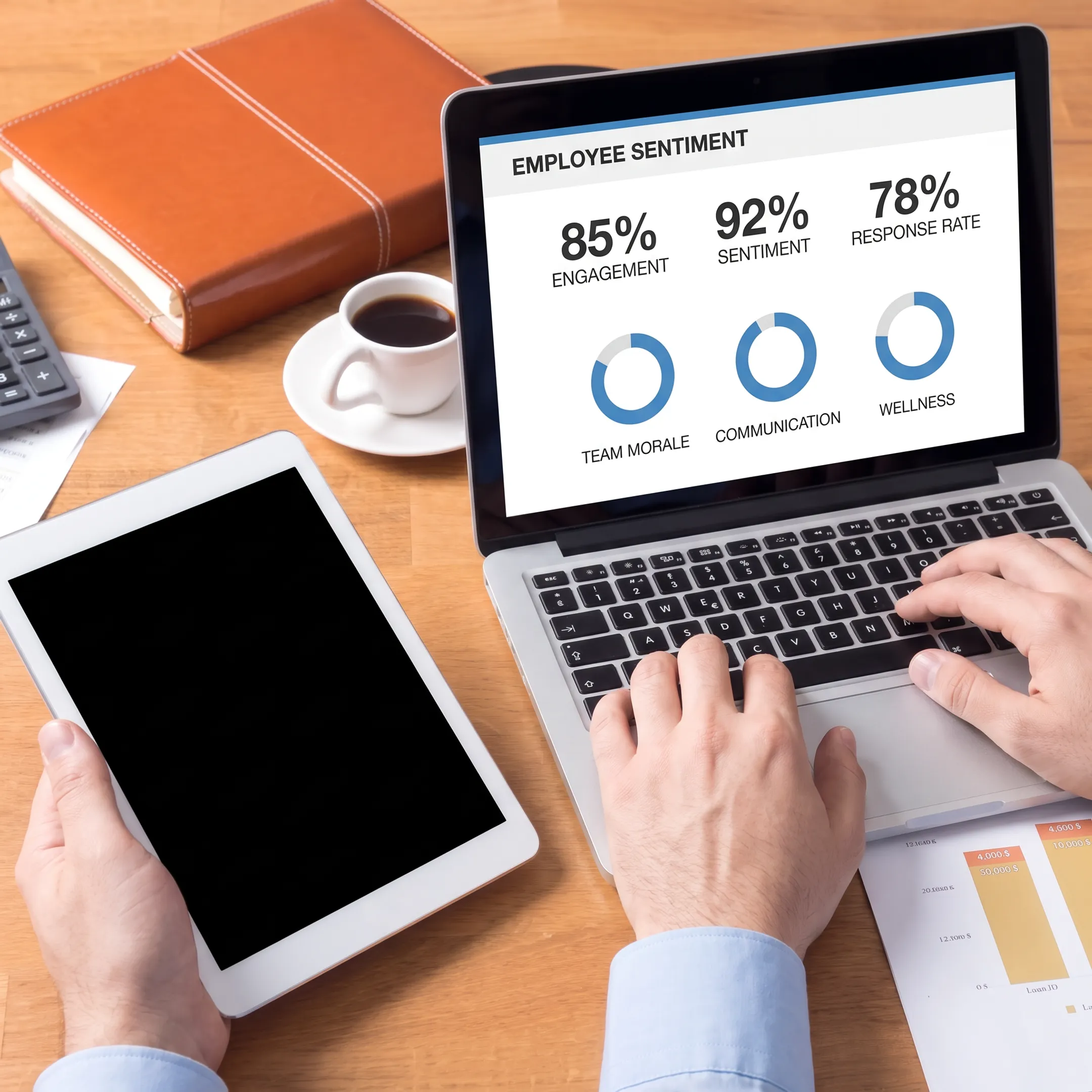 Manager reviewing anonymous employee survey insights on a laptop