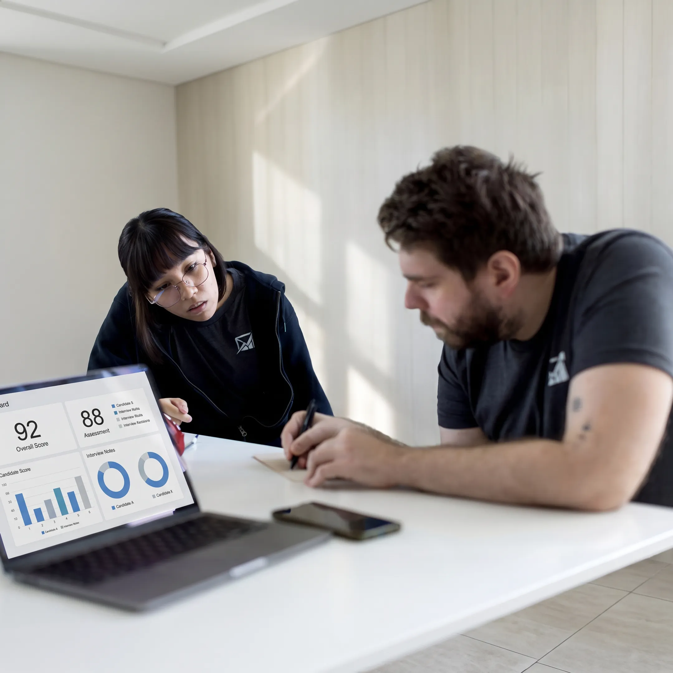 Hiring team reviewing behavioral assessment results for a healthcare candidate