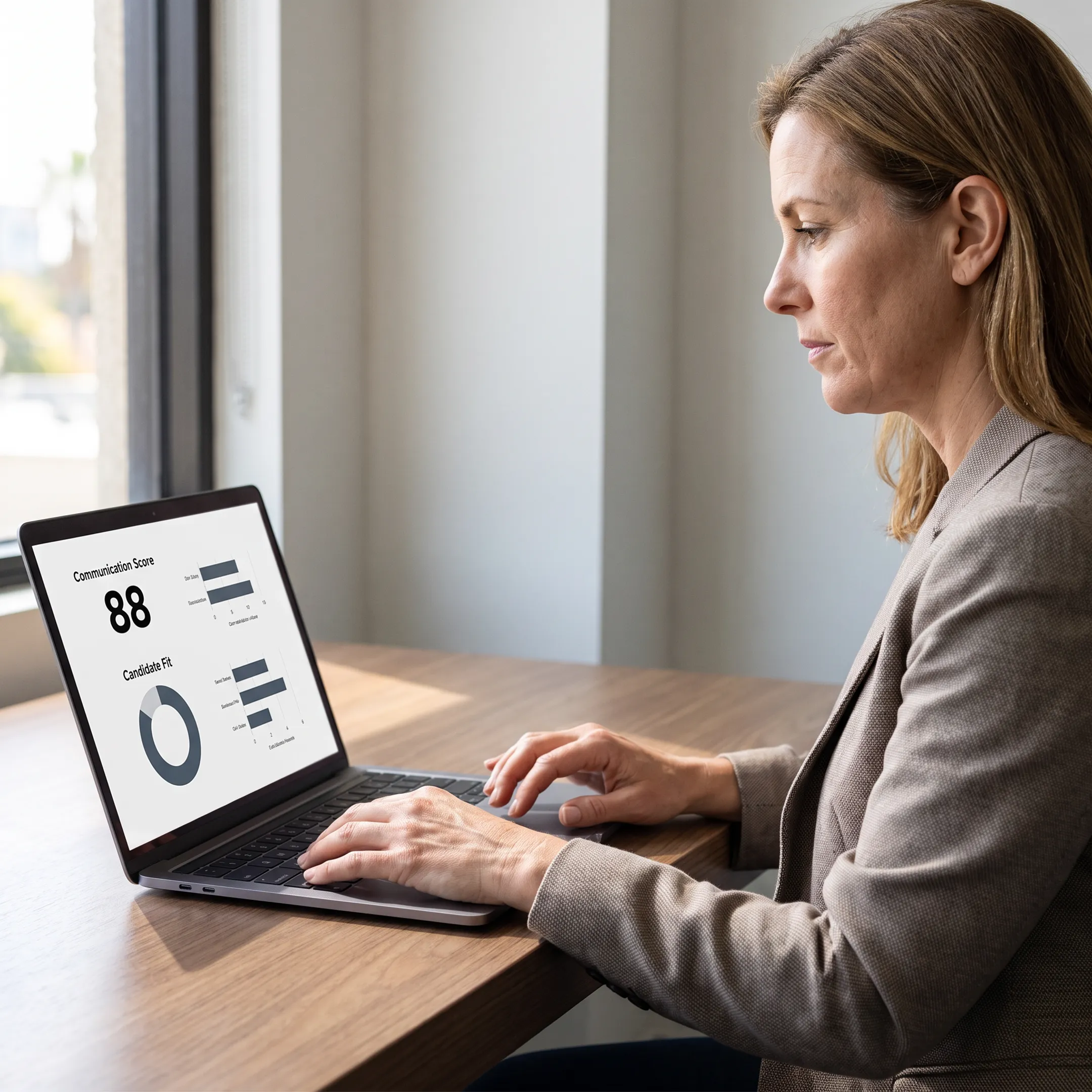 Behavioral health leader reviewing communication assessment results on a laptop