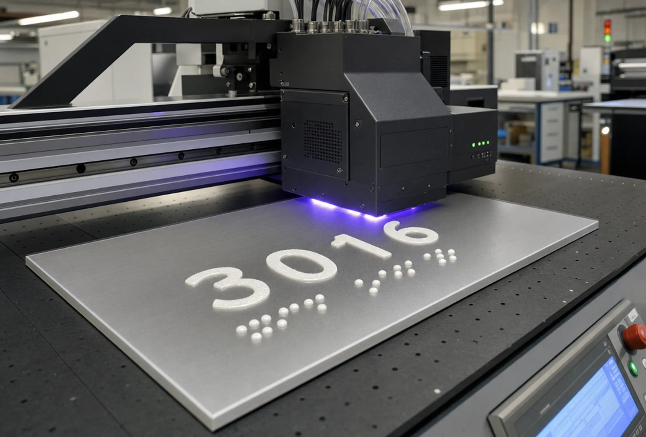 UV-LED flatbed printer producing tactile braille signage on acrylic substrate