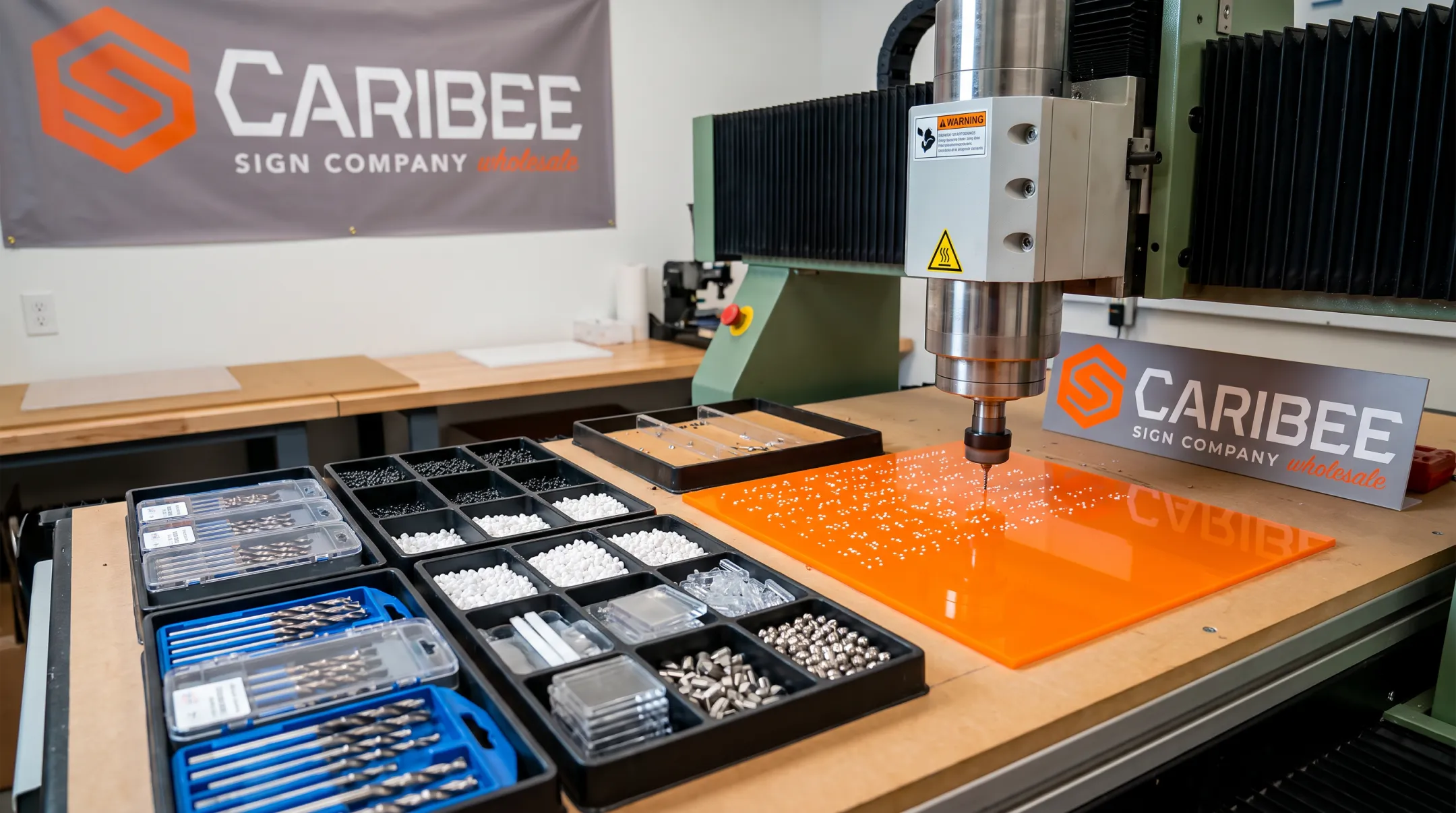 Calibrated raster drilling machine with bead stock for ADA sign production