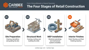 Four-phase retail construction process from site prep to finishes