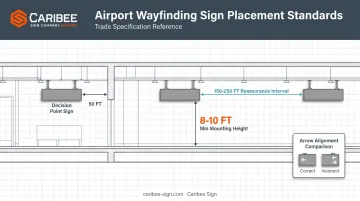 Airport directional signage placement rules for decision points and arrow consistency