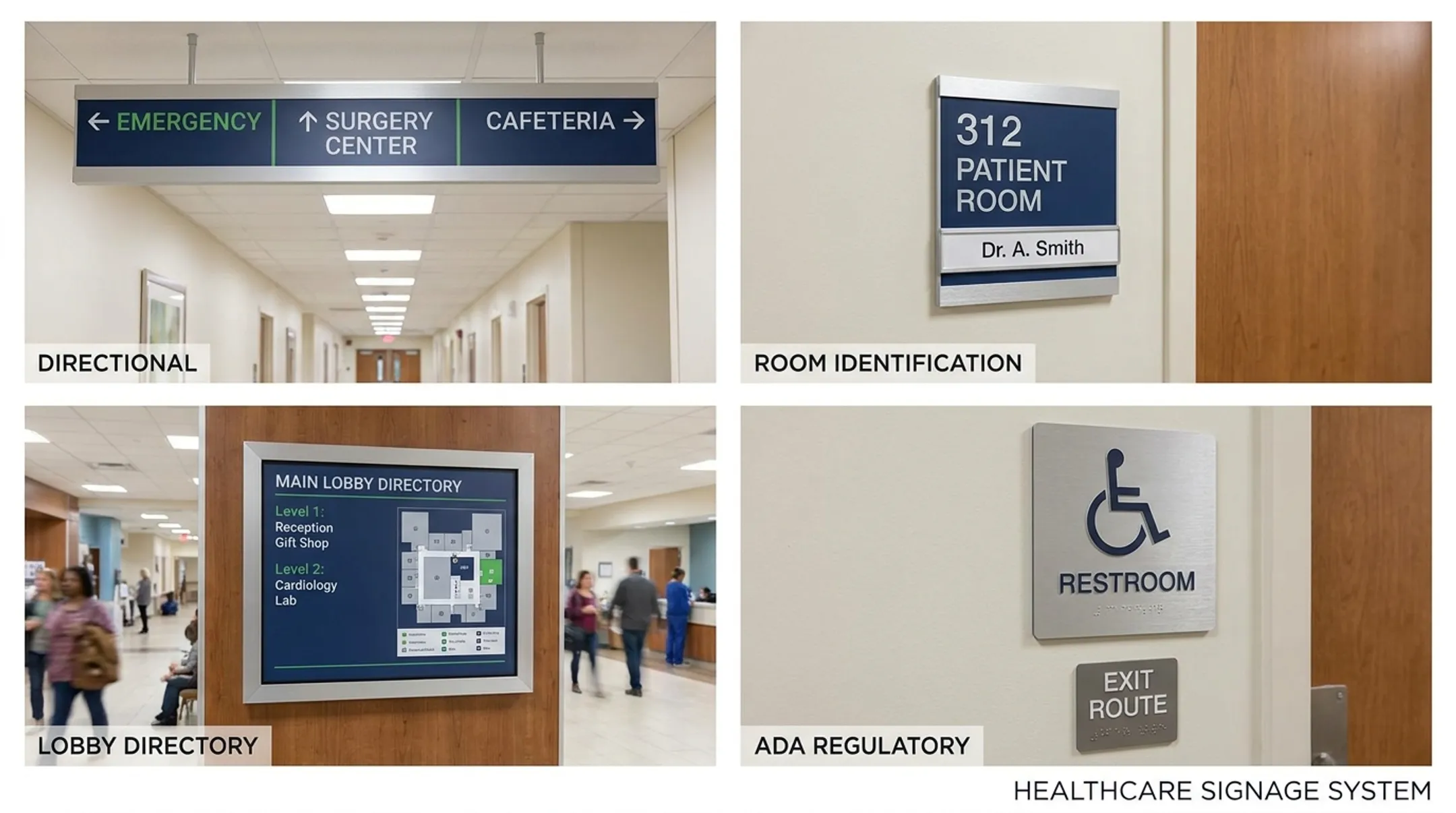 Four categories of hospital wayfinding signage manufactured by Caribee Sign