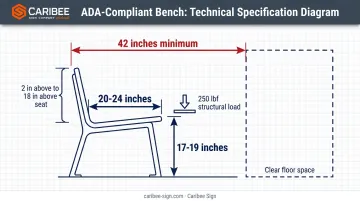 ADA-compliant fitting room bench dimensions and structural specifications diagram