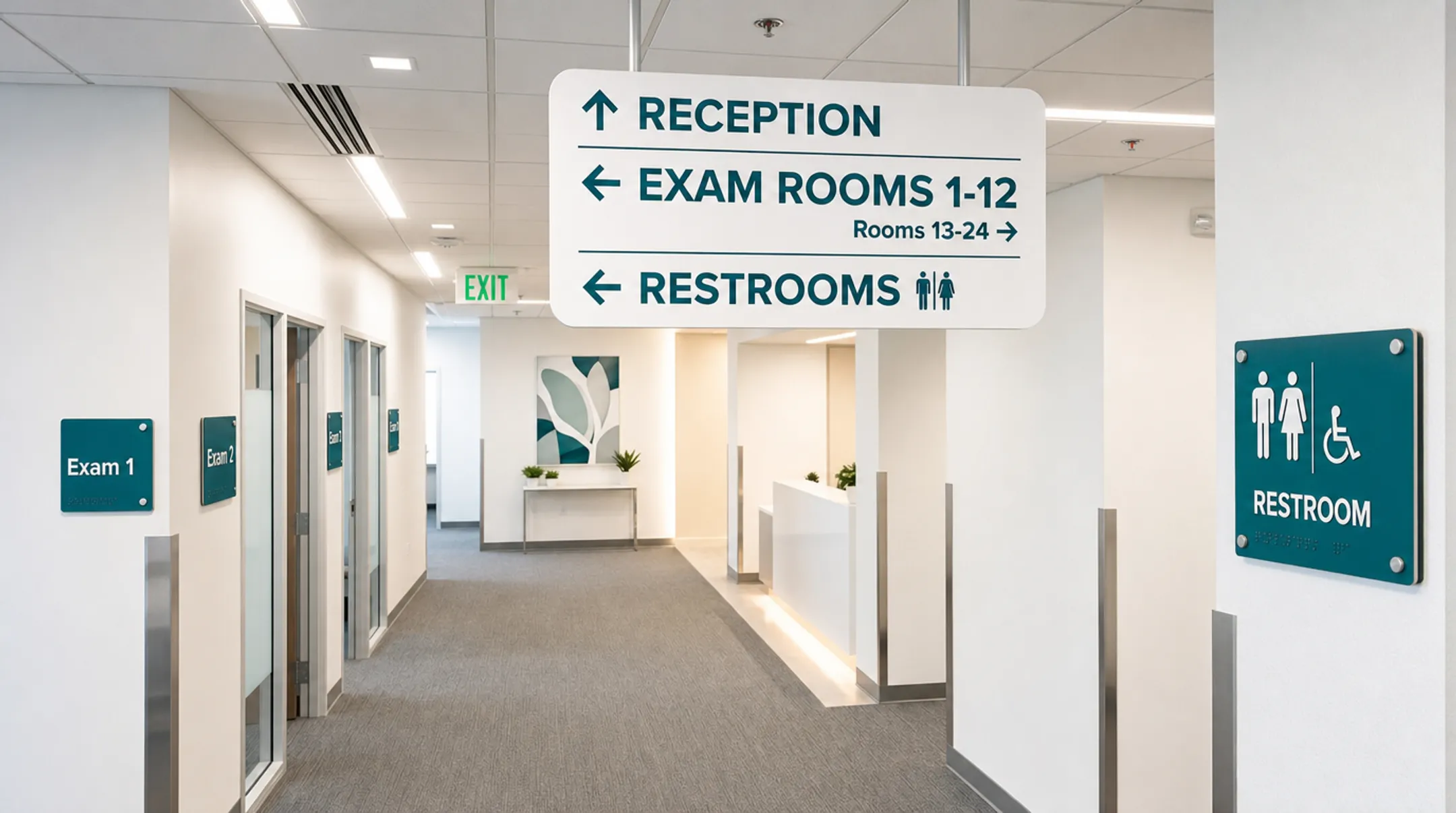 Hospital corridor with ADA compliant tactile room identification signage