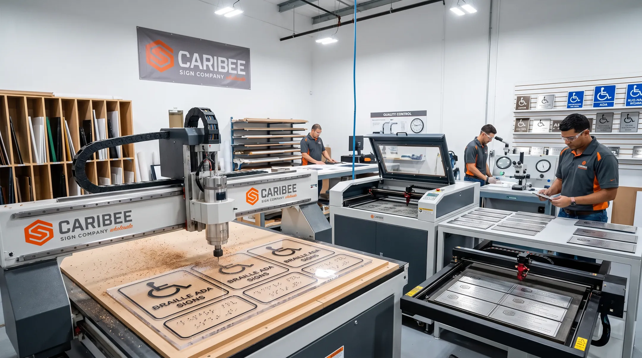 Caribee Sign manufacturing facility producing ADA compliant campus signage