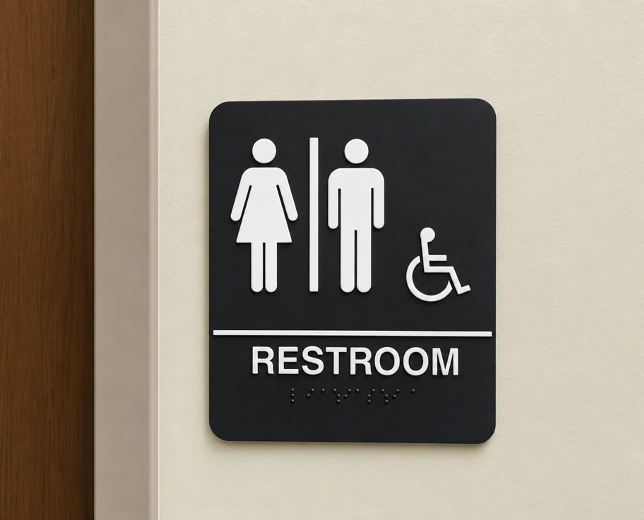 ADA compliant tactile restroom sign with Braille and accessibility symbol