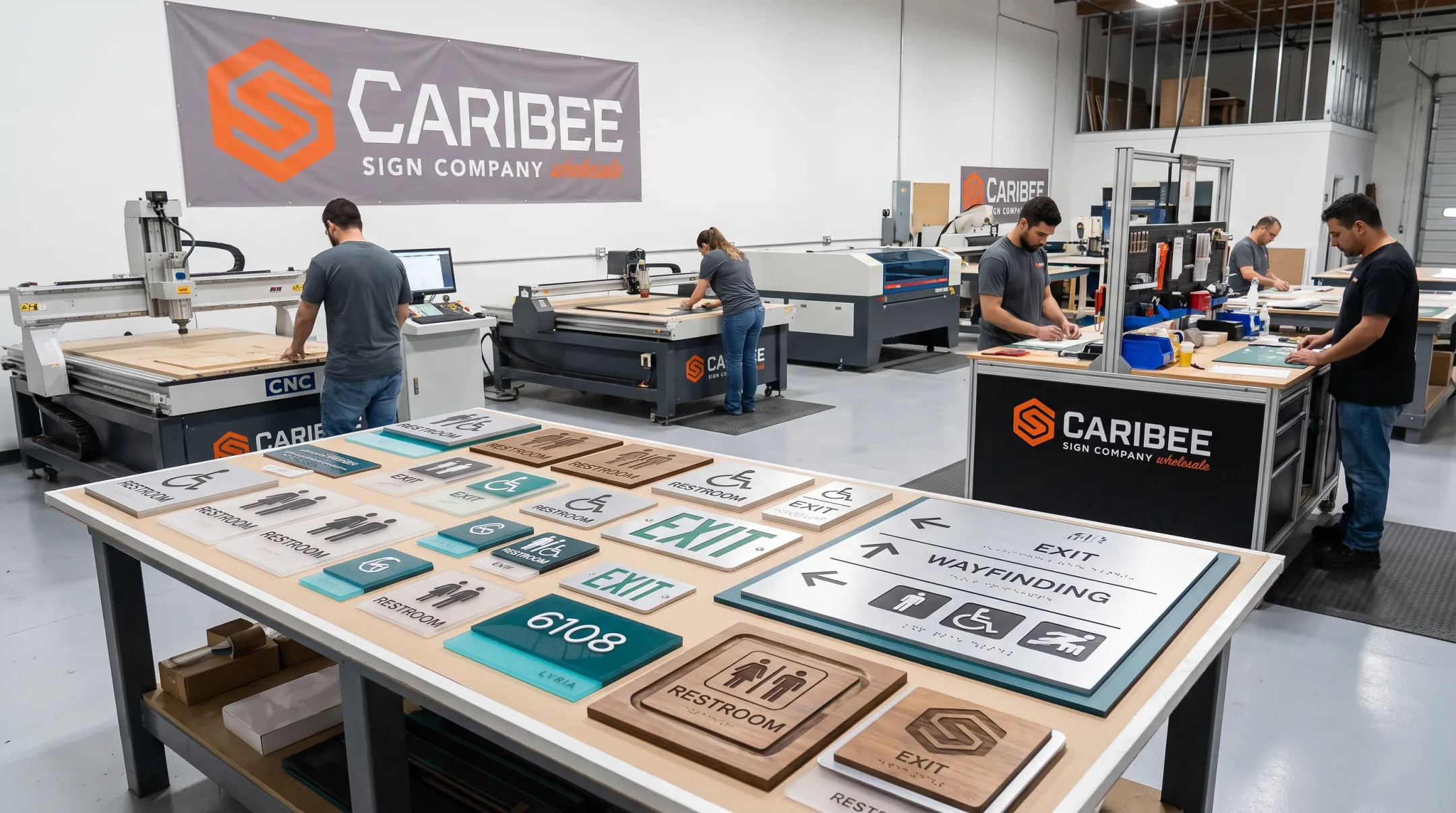 Caribee Sign wholesale ADA signage production facility and product samples