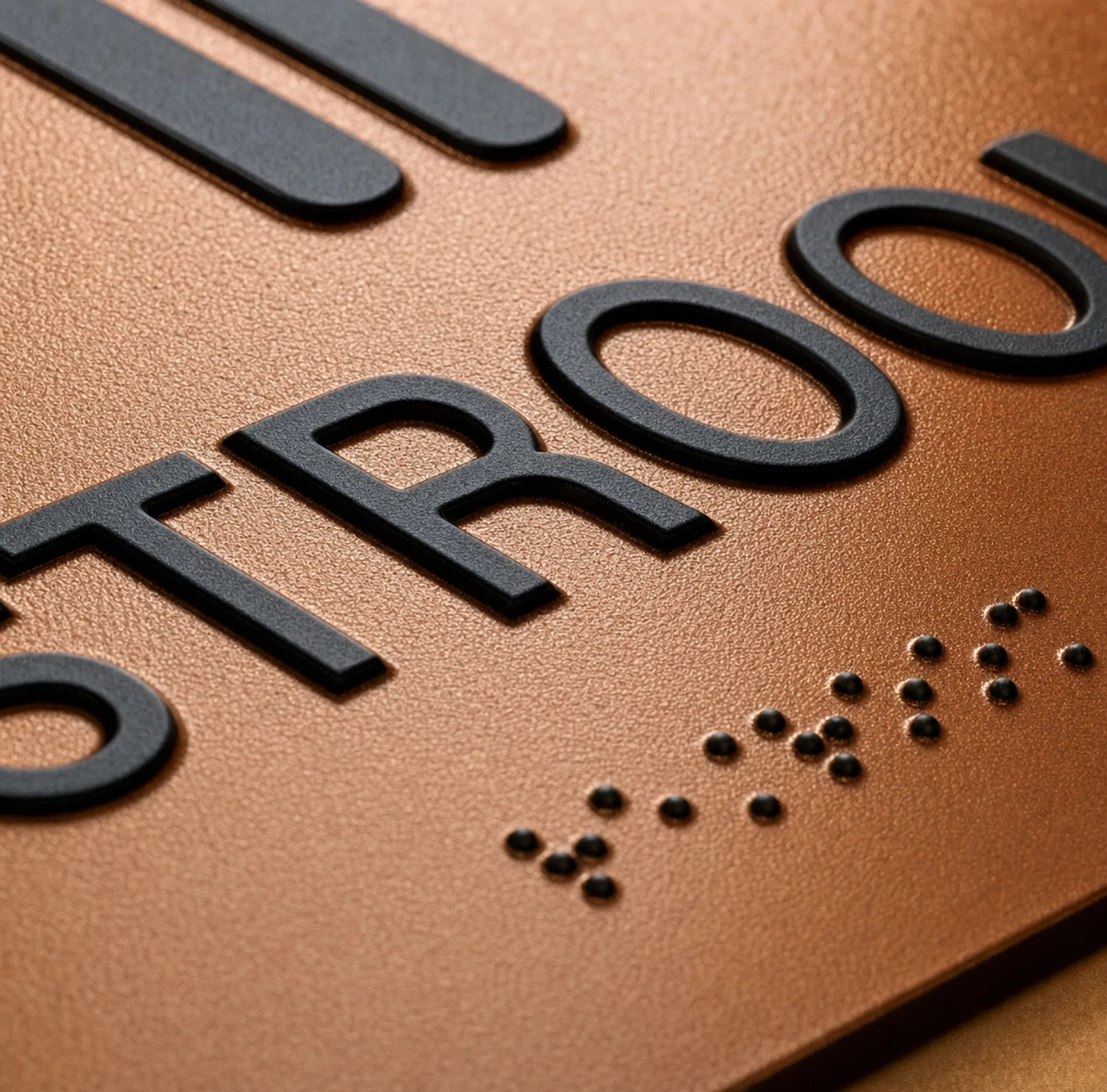 Close-up of raised tactile ADA sign lettering and Braille texture