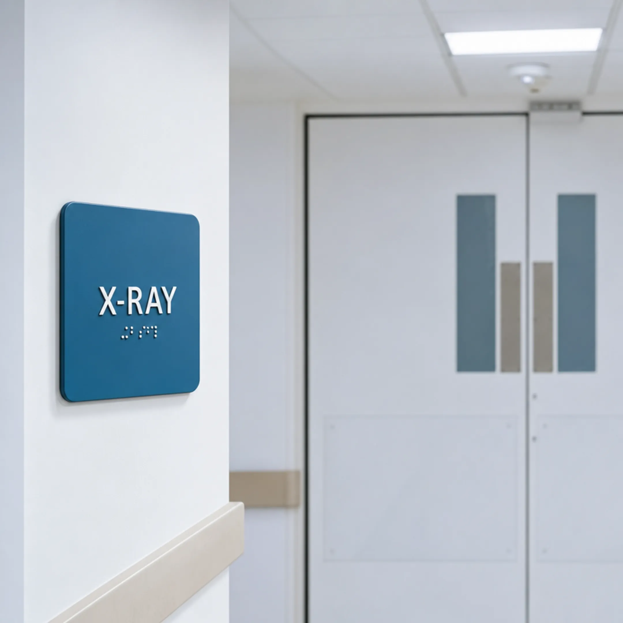 Braille and tactile room signage mounted beside hospital door