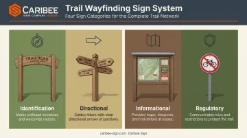 Four essential trail wayfinding sign types identification directional informational regulatory