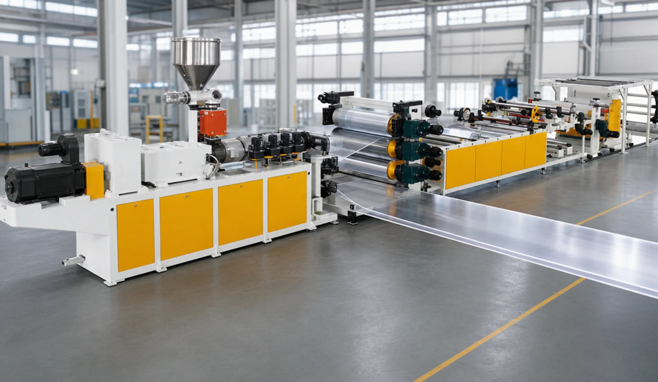 Extruded acrylic sheets being rolled through industrial manufacturing die