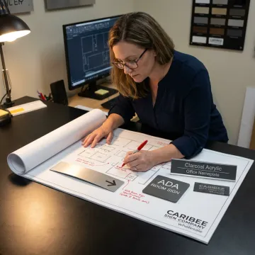 Designer reviewing wayfinding signage plans