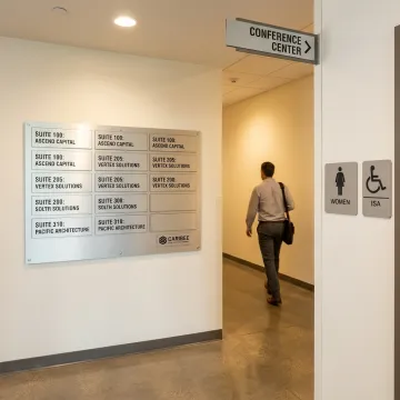 Modern wayfinding and directory signage in a commercial building
