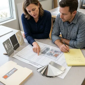Team reviewing institutional signage plans